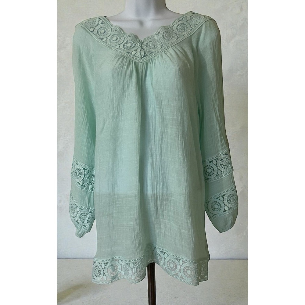 Indigo Soul Blouse Tunic Large Floral Lace Mint Green Peasant Hippie Boho